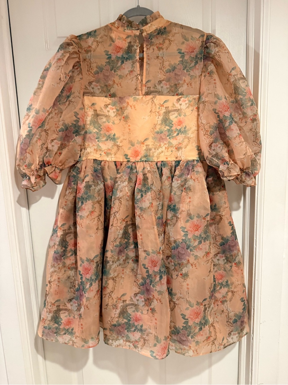 Selkie Peach Floral Organza Puff-Sleeve Mini Dress - Picture 4 of 11